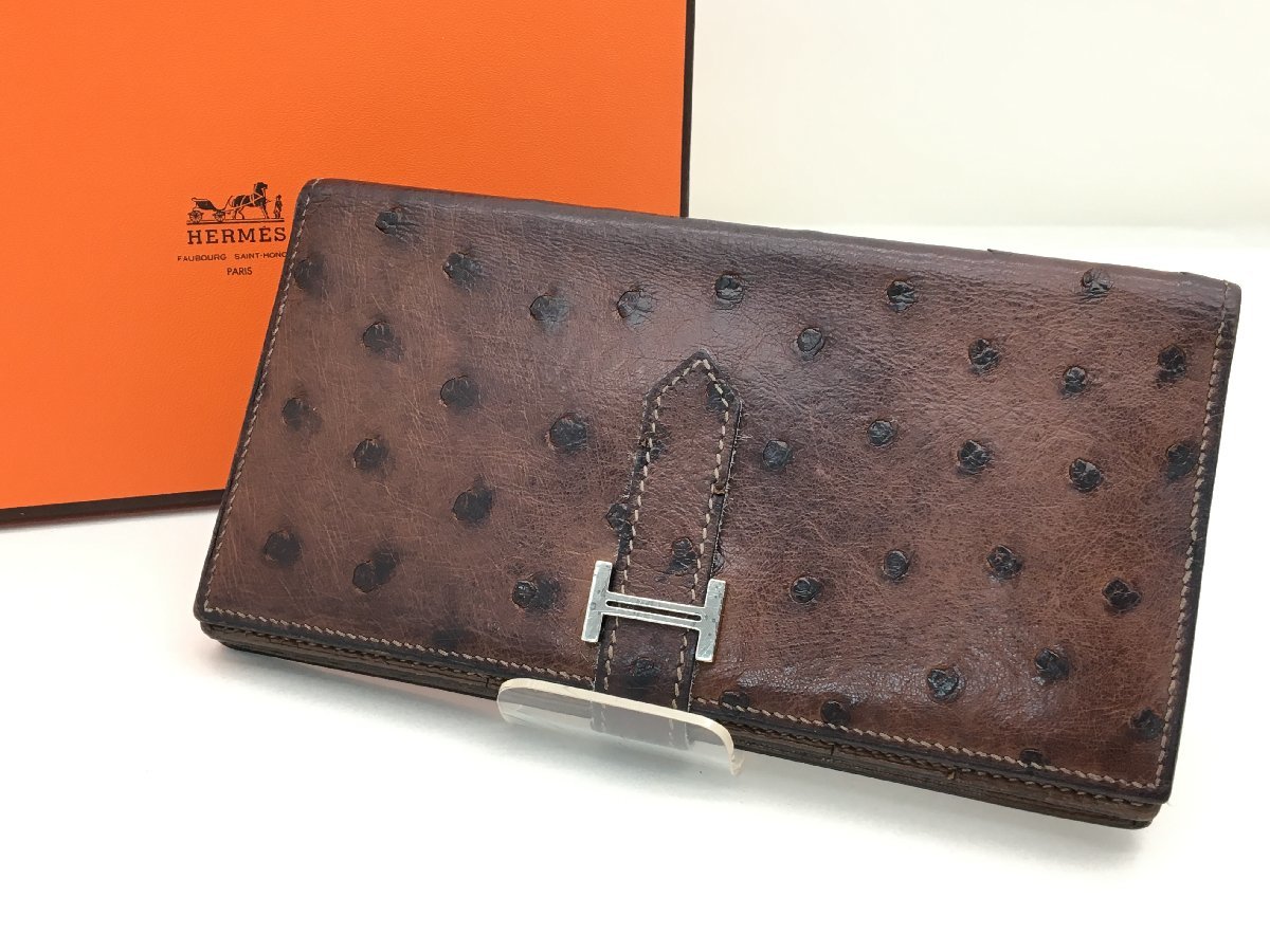 エルメス HERMES 二つ折り長財布 ベアン クラシック オーストリッチ