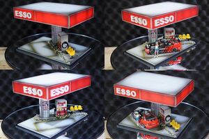 1/64 MiniCreek ジオラマ　ESSO ガソリンスタンド　ケース付き　ミニカー一台