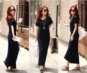  Maxi-length dress all-in-one short sleeves resort One-piece dress long One-piece maternity body type cover simple black black 