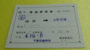 JR西日本　軟券補充片道乗車券【可部線】梅林→七軒茶屋　小4-10.6