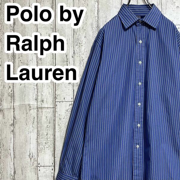 【人気ブランド】Polo by Ralph Lauren ポロバイラルフローレン 長袖シャツ Mサイズ ブルー ホワイト ストライプ 23-38