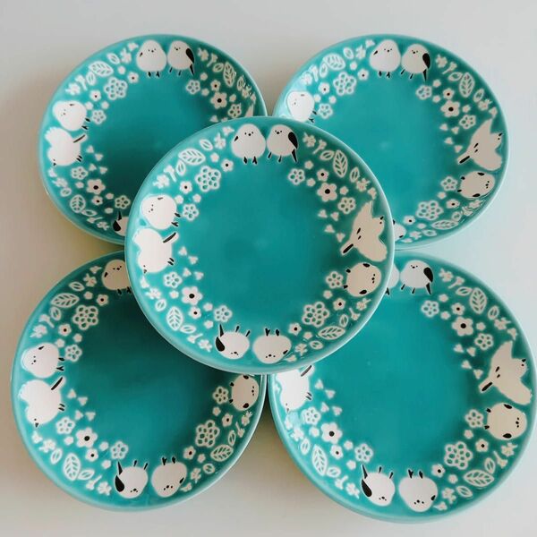 シマエナガ　プレート　取り皿　小皿　5枚　食器　皿　陶器　青　ブルー　エメラルドグリーン