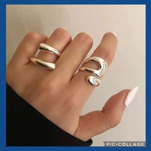 NEW デザイン シルバー リング 2個 セット フリーサイズ 指輪 韓国