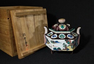  Matsumoto ..[ Kutani hexagon censer ] overglaze enamels old Kutani .. ear attaching three pair flower writing landscape map hexagon censer also box tea utensils Kutani pine ...: board . wave mountain bdise-31e2711