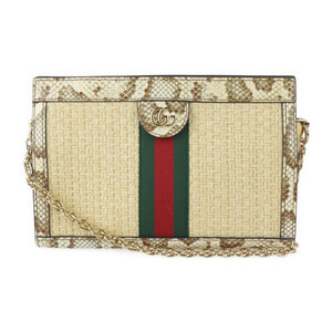 超美品 GUCCI グッチ GGスモール ショルダーバッグ オフィディア 503877 ラフィア パイソン ベージュ ゴールド金具 チェーン【本物保証】