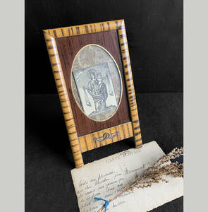 フランス 1900-20s 木製 額縁 スタンド 壁掛け フレーム 絵画付き 写真 ポスト カード クラシック コラージュ ヴィンテージ アンティーク
