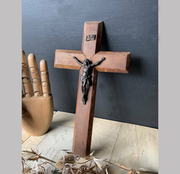 フランス 1900-40s 木製 25cm 特大 クロス 十字架 イエス クロス マリア ロザリオ メダイ キリスト ロザリオ ミゼル 骨董 アンティーク