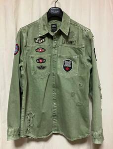 ZARA ザラ クラッシュ加工 U.S.ARMY ワッペン付きシャツジャケット系 薄いオリーブ L 中古品