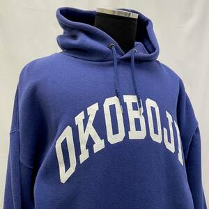 USA古着 90s DISCUS カレッジ プリント スウェット パーカー 2XL アメリカ製 / OKOBOJI オコボジ 青 プルオーバー ヴィンテージ オールド 