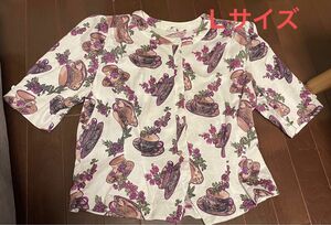 レトロ　古着　柄　柄シャツ　トップス 半袖Tシャツ　ブラウス　ノーカラー　パフスリーブ