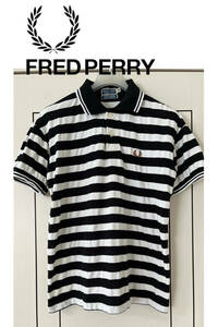 FRED PERRY Fred Perry polo-shirt with short sleeves border pattern black white S~M size 