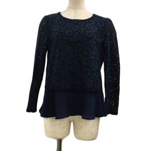  Minimum MINIMUM blouse cut and sewn pull over round neck race nylon Layered manner long sleeve 2 navy blue navy lady's 