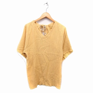  Moussy moussy blouse shirt 7 minute sleeve long height tunic height V neck ribbon cut ... none wrinkle processing cotton flax F yellow /FT4 lady's 