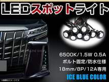 12V 超小型 イーグルアイ LED 18mm スポットライト アイスブルー/水青 常時点灯 防水仕様！ブラックボディ 牛目 8個セット_画像1