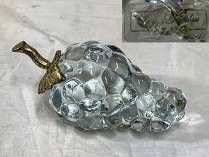 ヴィンテージHandcrafted Glass 気泡有ガラスと真鍮の葉 グレープ/ブドウ オブジェ★置物★ペーパーウェイト コレクション インテリア雑貨