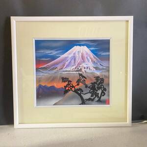 0312I 色紙 富士山 額入 風景画 美術品 額縁 縦横44×40cm 作品 縦横27×24cm, 美術品, 絵画, その他