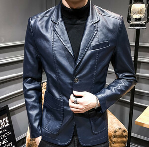 春新品 レザージャケット メンズ バイクジャケット 革ジャン ビジネスジャケット 細身 テーラード 紳士 カッコイイ M~3XL選択 ブルー