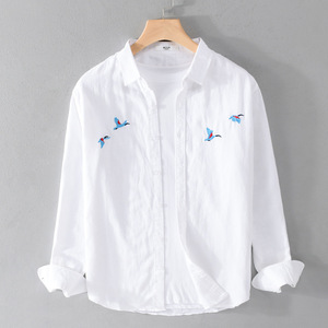 春夏新品 シャツ メンズ 長袖シャツ 刺繍 綿麻 個性 リネンシャツ トップス ワイシャツ ビジネス カジュアル 通勤 ホワイト M~3XL選択