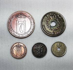 1936年~ ノルウェー 古い硬貨 5枚 ◆g-45