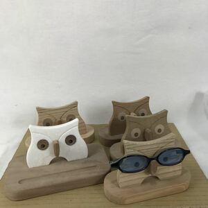 k ② フクロウのメガネ掛け　木製 ハンドメイド　セット　アンティーク　置物　自然素材