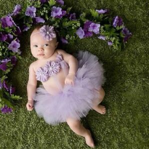 残りわずか！大人気★ベビー ドレス 3点セット ニューボーンフォト 紫 チュール スカート 月齢フォト 出産準備 出産祝い 