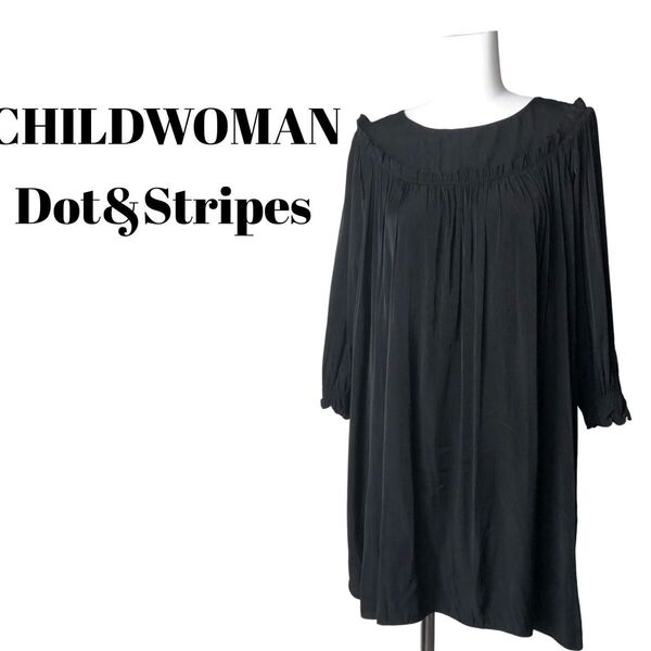 Dot&Stripes CHILD WOMAN切替ギャザーワンピース ブラック