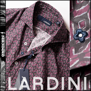 極上ホリゾンタルカラー■新品【LARDINI】ラルディーニが紡ぐ爽やかさと色気、幾何学模様が浜辺の香り纏う絶品ロゴ刺繍総柄シャツ39/S~M