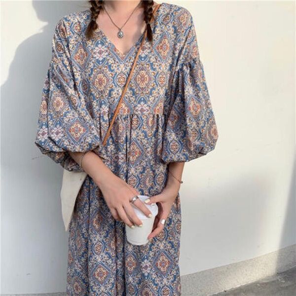 ボヘミアン柄 マキシ丈 フローラル パフ ワンピース 夏服ママ おしゃれ ロング グレー ゆる ふわ きれい