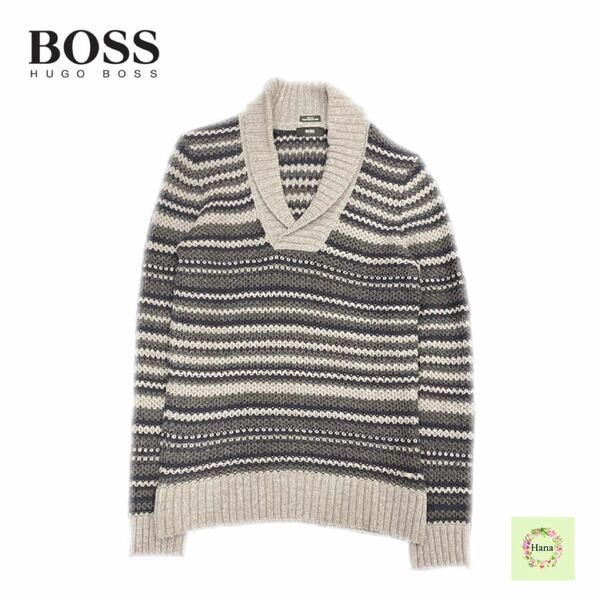 【美品】 HUGOBOSS ヒューゴボス ボーダー ニット セーター トップス 長袖 ブラック グレー ホワイト メンズ S 10175464 中古