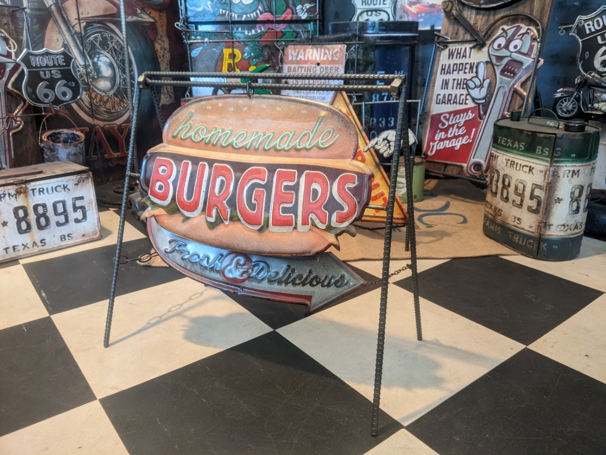 アメリカンダイナー 折畳み式 A型看板 ハンバーガー屋さん サインボード #BURGERS #ハンバーガー #店舗什器 #自立式看板 #キッチンカー, ハンドメイド作品, インテリア, 雑貨, その他