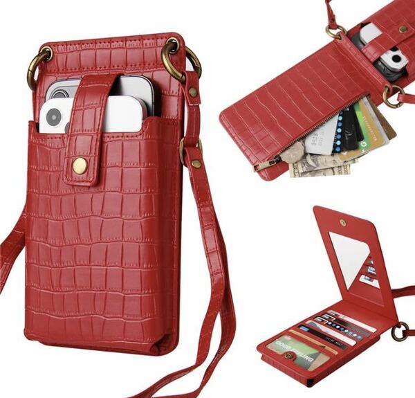 スマホケース iPhone ショルダーバッグ スマホショルダー スマホケース スマホカバー 財布 鏡 カードケース手帳型 保護カバー 赤 レッド