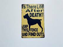 ブリキ看板 20×30㎝ 犬に注意 いぬ 警告 DOG Is After DEATH? JUMP THIS FENCE AND FIND OUT!! アメリカン雑貨 インテリア 新品 PRO-521_画像3