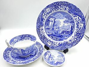 *Spode Spode blue Italian decoration plate small plate cup & saucer 4 point set Britain made unused private person storage goods box less .*