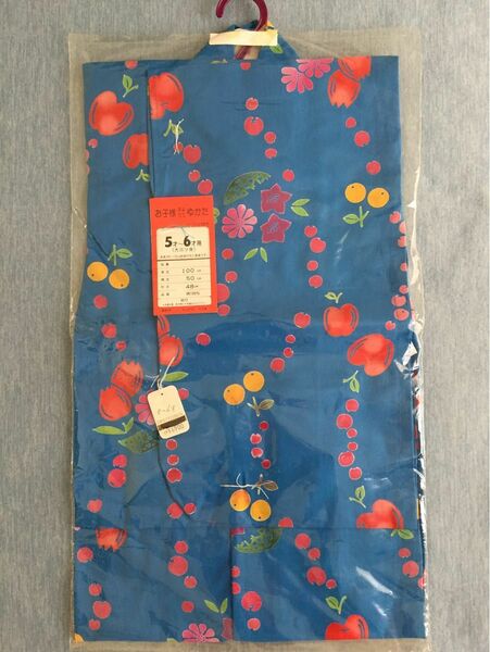 5〜6才用 浴衣 110 ブルー 花&フルーツ柄 日本製