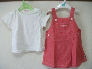 assk31☆キッズ/子供服　お得　 女の子　■■半袖Tシャツ×ジャンパースカート■■　スカート/Tシャツ 　赤/白 　サイズ90