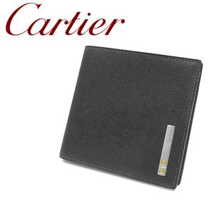 【超美品 ほぼ未使用】 カルティエ Cartier サントス 二つ折り財布 小銭入れ付き レザー ブラック メンズ 紳士 レディース シンプル スリム