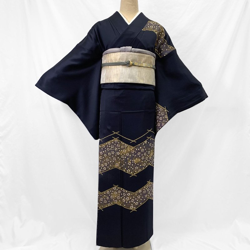 〇きものマーチ〇付下げ一つ紋桜金彩青鈍色〇しつけ付き美品303mh61