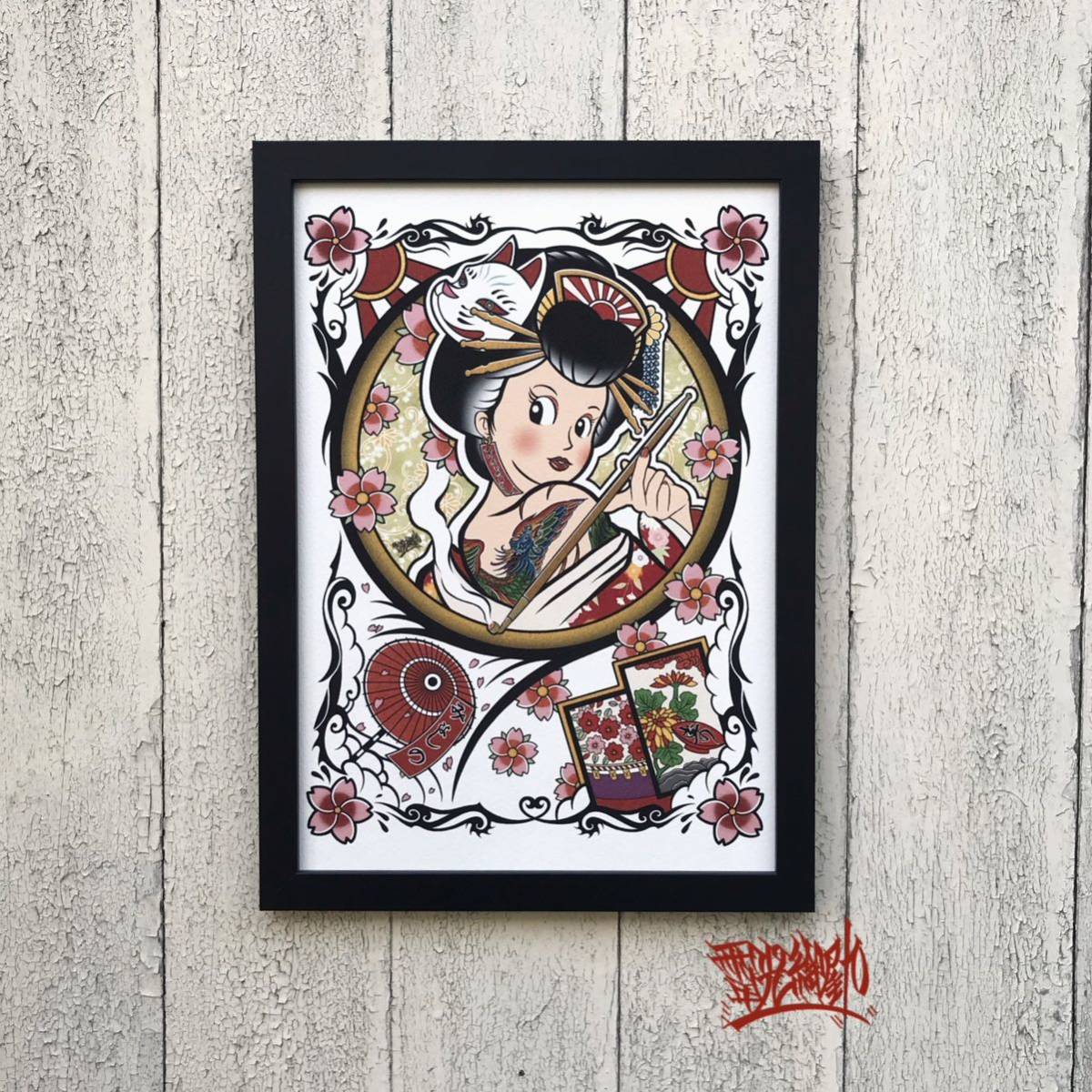 Bikyu, auspicious painting, lucky charm, spring, oiran, hanafuda, drinking at a cherry blossom viewing, A4 size, tattoo, illustration, picture, cherry blossom pattern, fox mask, framed, art frame, Handmade items, interior, miscellaneous goods, ornament, object