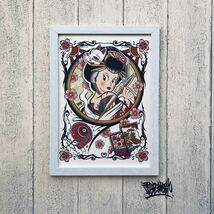 尾九 吉祥画 縁起物 春 花魁 花札 花見で一杯 A4サイズ 刺青 タトゥー tattoo イラスト 絵 桜柄 狐の面 フレーム付き 白色フレーム_画像1