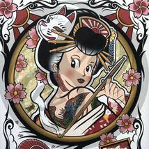 尾九 吉祥画 縁起物 春 花魁 花札 花見で一杯 A4サイズ 刺青 タトゥー tattoo イラスト 絵 桜柄 狐の面 フレーム付き 白色フレーム_画像4