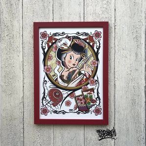 尾九 吉祥画 縁起物 春 花魁 花札 花見で一杯 A4サイズ 刺青 タトゥー tattoo イラスト 絵 桜柄 狐の面 フレーム付き アートフレーム