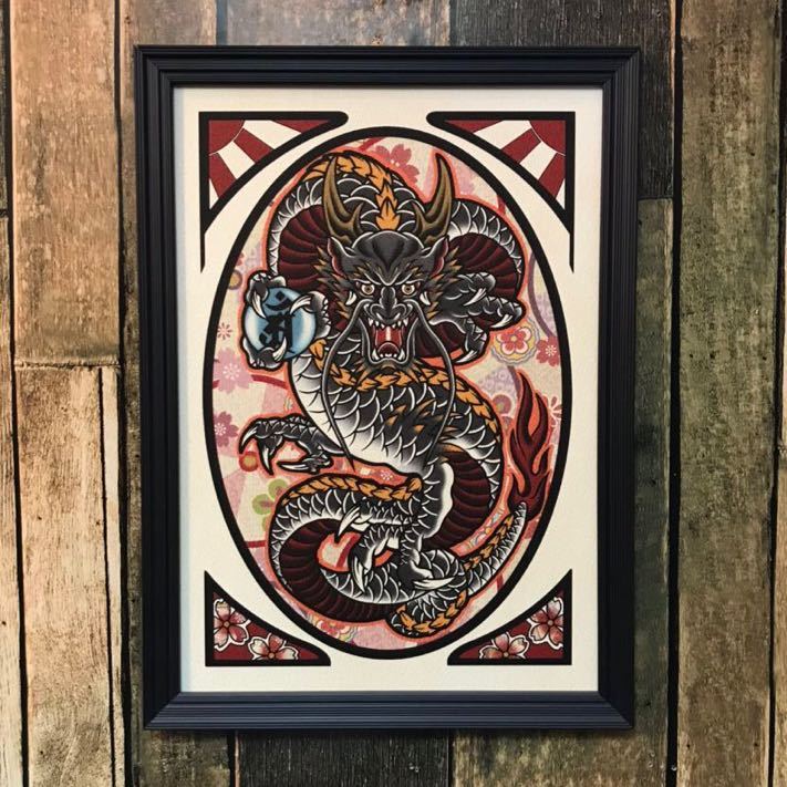 Oku Ryūga Illustration Frontal Dragon Black Dragon Sanskrit A4 Size Black Frame Dragon Improves Luck, handmade works, interior, miscellaneous goods, ornament, object