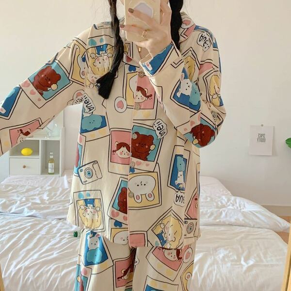新品　カラフル　総柄　パジャマ　ルームウェア　アニマル　レトロ　上下セット　Lサイズ　かわいい　韓国　ユニーク柄　部屋着　シャツ