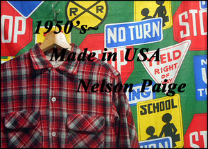 ★明るい色目のチェックが◎な1枚★Made in USA製アメリカ製Nelson Paigeネルソンページビンテージウールシャツ50s50年代Mシャドーオンブレ