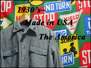 ★希少なチンスト付の1枚★Made in USA製アメリカ製THE AMERICAビンテージ刺繍入りプルオーバーウールシャツ30s30年代マチ付グレーごま塩風