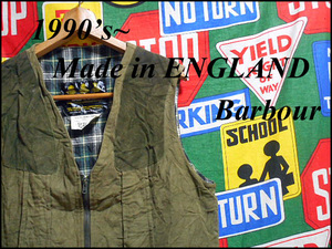 ★希少な3ワラント★Made in ENGLAND製イングランド製BarbourバブアーバーブァービンテージコットンデザインベストL90s90年代緑色グリーン