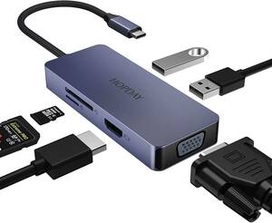 6 in 1　USB ハブ 6ポート(USB2. 0*2+HDMI+VGA+SD/TF )　Type Cハブ対応 