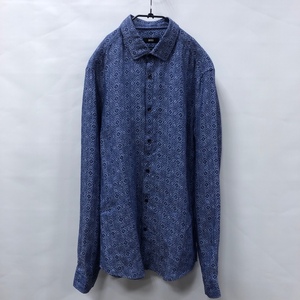 HUGO BOSS/ヒューゴボス/NEMOS SLIM FIT 総柄 L/S リネンシャツ/麻/Mサイズ/ブルー系/長袖シャツ