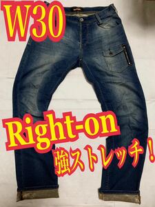 Right-on ライトオン　ストレッチデニム　ジーンズ　インディゴ　ベロア　W30