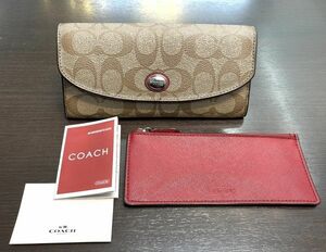 156412-252 未使用 COACH コーチ F49154 PVCシグネチャー フラップボタン長財布 ポーチ付き ブラウン茶系×レッド赤系 ウォレット 同梱不可